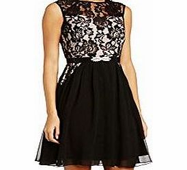 Little Mistress Womens Lace Fit and Flare Floral Sleeveless Dress, Black (Black/Nude), Size 10