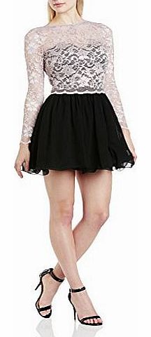 Little Mistress Womens Lace Overlay Long Sleeve Dress, Black (Black/Mink), Size 14