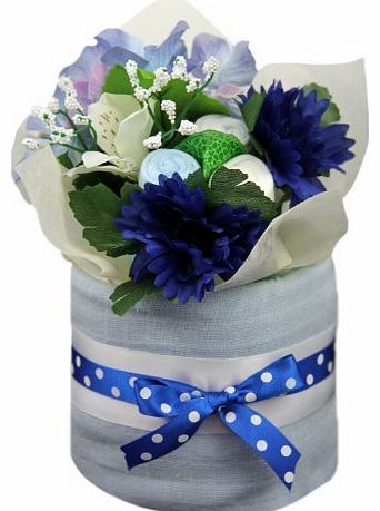 New 1 tier Blue and White nappy cake with sock bouquet for baby boy (maternity, shower gift present)