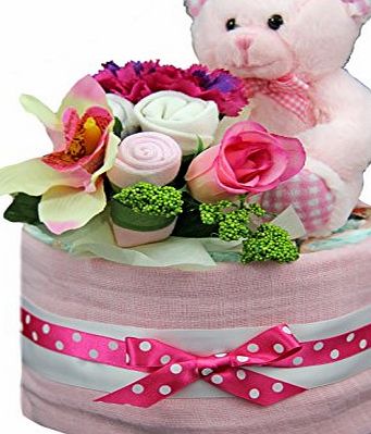 little tiddlywinks New 1 tier Pink Nappy Cake with Sock Bouquet amp; Teddy for baby girl (maternity, shower gift present)