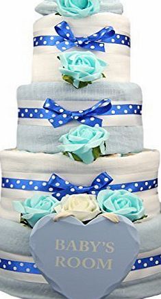 little tiddlywinks New Blue 4 tier Nappy Cake with Nursery Door Hanger for Baby Boy - shower maternity gift and present