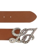 Swarovski Crystal Logo Brown Leather Belt