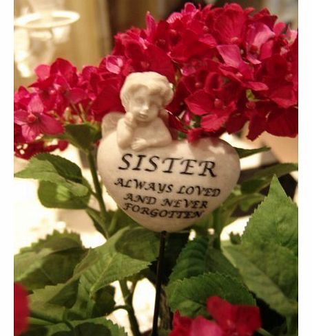 Sister Always Loved and never forgotten Memorial Cherub heart on a stick - Ideal for in plant pot , flower arrangement or grave