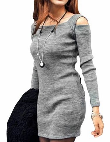 LOCOMOLIFE Women Cut Out Shoulder Long Sleeve Mini Day Night Smart Casual Dress One Size (Small to Medium) FFD026GRY