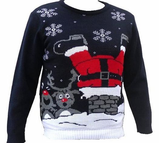 London Knitwear Gallery Christmas Funny Novelty Retro Santa Chimney Jumper Navy S