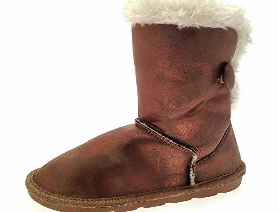 Lora Dora Childrens Kids Girls Boys Short Ankle Mid Calf Faux Suede Fur Trim Button Snugg Boots Warm Winter Shoes Bronze Size UK 13