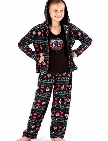 Childrens Kids Girls Lounge Pants + Hooded Jacket 3 Piece Set Pyjamas Nightwear Sleep Suit Outfit Black Patterned Size UK 11-12 Years