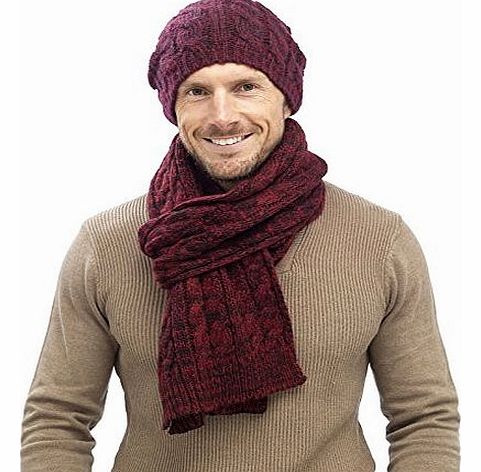 Mens Luxury Fairisle Bobble Set Cable Knit Slouch Beanie Bobble Hat + Scarf Gift Set Warm Winter Gents Boys Burgundy