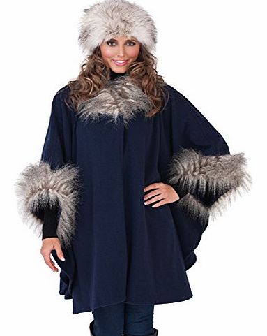 Lora Dora WOMENS LADIES FUR COLLAR SHAWL THROW CAPE COAT WRAP WINTER WARM LADIES NAVY ONE SIZE