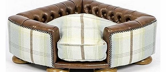 Burton Corner Dog Chesterfield Sofa in Tan Leather & Duck Egg Tweed (Medium)