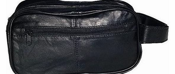 Genuine Real Leather Mens Wash Bag / Gym Bag / Overnight Bag (Black)