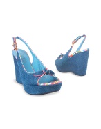 Multicolor Leather Trim Denim Wedge Sandal Shoes