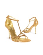 Loriblu Swarovski Crystal T-strap Gold Leather Evening Sandal Shoes