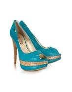 Turquoise Stamped Leather and Cork Platform Pump