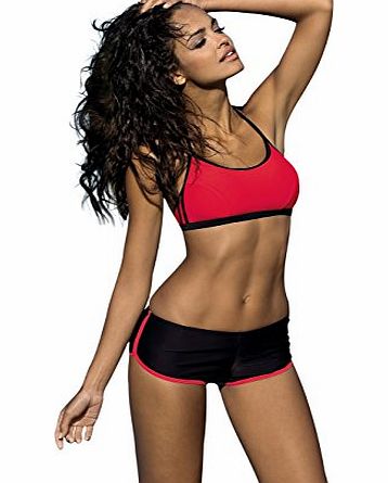 Lorin Women swimming costume two piece bikini swimsuit swimwear sport shorts (8, Red/Black)