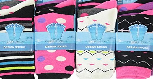 Louise23 12pairs Ladies Multi Colour Funky Spots Stripes Zig Zag Design Cotton Blend Socks Womens Office Everyday Work Socks Assorted Designs