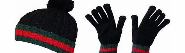 Louise23 Boys Designer Winter Warm Turn Up Knitted Beanie Ski Hat amp; Knitted Glove Xmas Gift Set Black