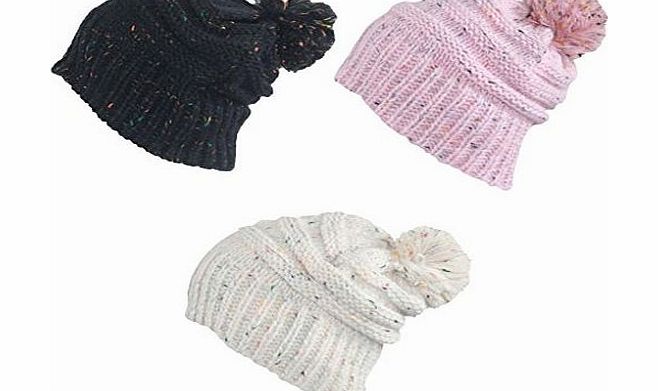 Ladies Chunky Knitted Woolly Bobble Beanie Ski Hat Womens Celebrity Winter Retro Fashion Hat Cream