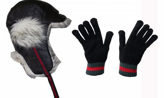 Mens Designer Winter Warm Fake Fur Trapper Hat & Knitted Glove Xmas Gift Set Black