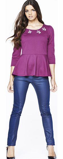 Embellished Neckline Peplum Top