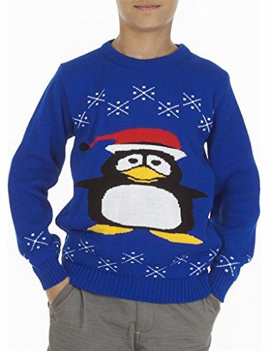 Boys Girls Unisex Novelty Festive Santa Hat Penguin Christmas Xmas Knitted Jumper Sweater Top Size Ages 7 8 9 10 11 12 - Blue - 11/12