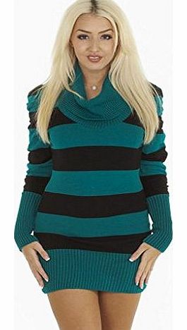 Womens Jumper Knitted Striped Cowl Neck Ladies Full Length Dress