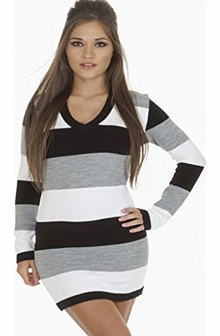 Womens Ladies Full Length Striped V-Neck Knitted Jumper Dress - Grey / Black / White - L/XL