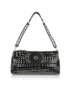 Luana Hares Croco - Black Stamped Patent Leather Baguette Bag
