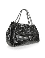 Luana Hares Croco - Black Stamped Patent Leather Large Satchel Bag