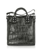 Nisha - Black Croco Stamped Leather Tote Bag