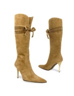 Luana Vallesi Camel Velvet Bow Suede High-heel Boots