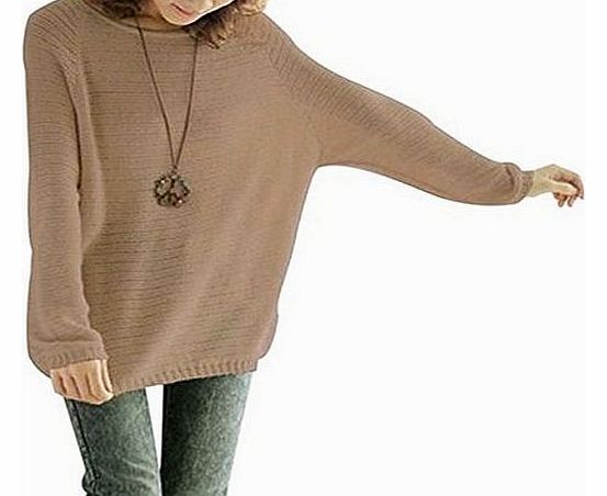 Light Coffee Women Grils Loose Batwing Round Neck Knitted Pullover Jumper Sweaters