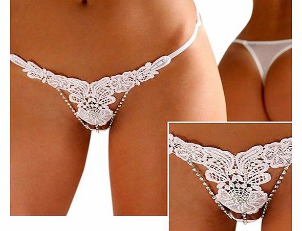 luckyemporia Ladies White Sexy Embroidery Diamante Rhinestone Thongs G string Knickers Panties Underwear Brief Lingerie