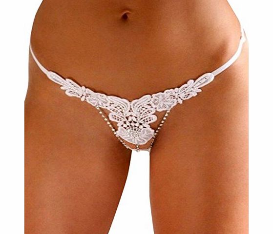 luckyemporia White Sexy Ladies Embroidery Diamante Rhinestone Mesh Thong G string Panties Knickers Underwear One Size 8 to 14
