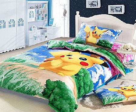 Luk Oil Japanese Anime Pokemon Cartoon Bedding Set Cute Pikachu Kids Boys and Girls Duvet Cover Colorful Children Fashion Fillet Bed Sheets Twin Size 3Pcs