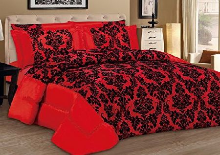 Luxury Damask Flock Comforter Set 3 Piece Luxury Damask Flock Comforter Set inc Quilted Bed Spread amp; 2 Pillowcases (Red, King)