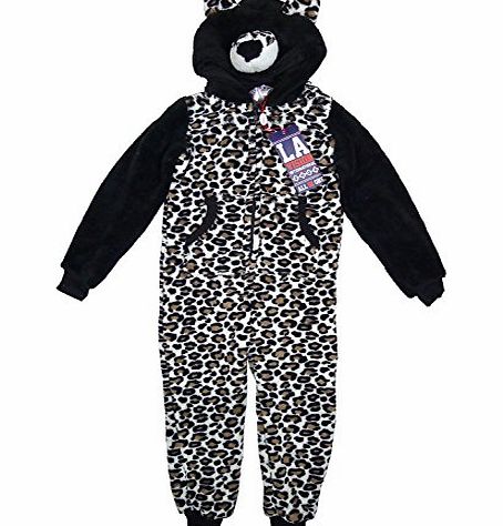 LV International Girls Luxury Fleece Onesie Hoody The Rare LEOPARD BEAR All In One Zip Romper sizes from 2 to 13 Years