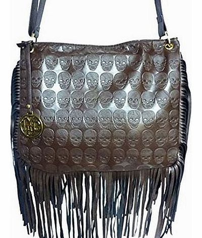 Designer Skull Messenger Shoulder Bag Fringe Celebrity Studs Tassel Punk - Coffee - W 12 ,H 12 ,D 4 inches