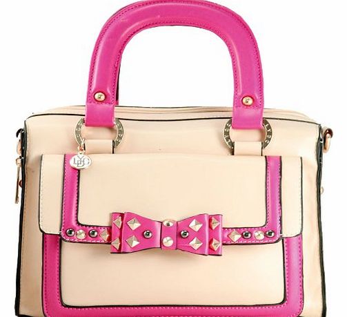 New LYDC Studded Bow Designer Structured Leather Ladies Hand Bag Cross Body Satchel (Beige Pink)