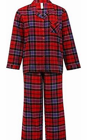Ladies Cosy Red Lurex Check Long Sleeve Classic Shirt And Trouser Pyjama Set Red 12