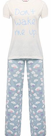 Teen Girl Dont Wake Me Up Slogan Cloud Print Pyjama Set Blue 146/152