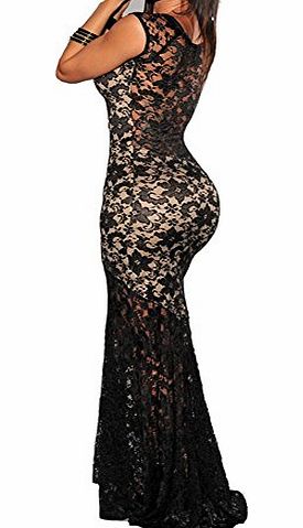 made2envy Lace Overlay See Through Back Long Evening Dress (L, Black)