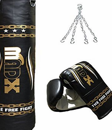 MADX 3 Piece Black and Golden 5ft Boxing Set Filled Heavy Punch Bag Gloves,Chain,Kickbag