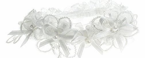 Magoriums Emporium White Brides Wedding Garter with Fancy Lace and White Ribbon Bows with Pearl Beads