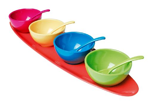 Four Multi-Colour Melamine Bowls with Spoons and