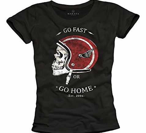 Vintage Womens Rockabilly Skull T-Shirt with Motorcycle Helmet Black Size M