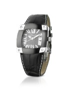 Taj-Me - Women` Black Leather Croco Strap Diamond Watch