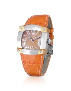 Taj-Me - Women` Orange Leather Croco Strap Diamond Watch