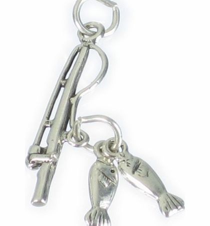 Maldon Jewellery Fishing Rod sterling silver charm with 2 small fish .925 charms SSSC304