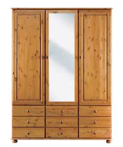 Man United Wycombe 3 Door 9 Drawer Mirrored Wardrobe - Pine
